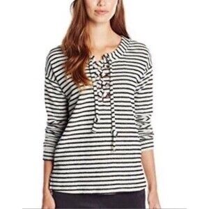Sanctuary Women Preppy Beacon Stripe Lace Up Pullover French Terry Sweater Sz L
